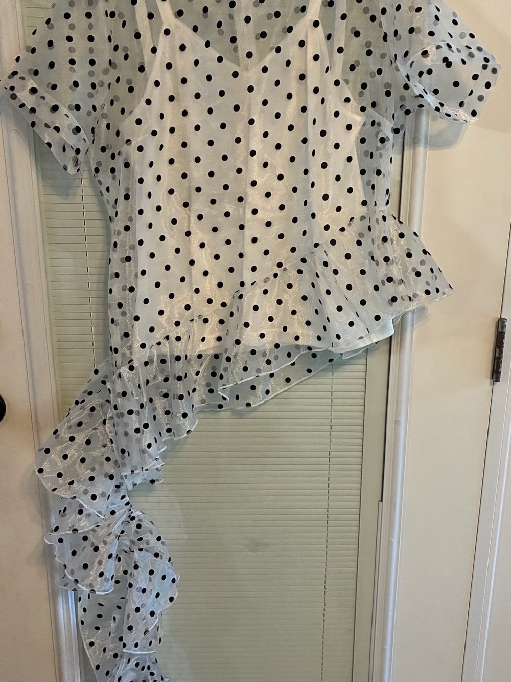 White Sheer Blouse with Black Polka Dot Ruffle Asymmetric with Trail